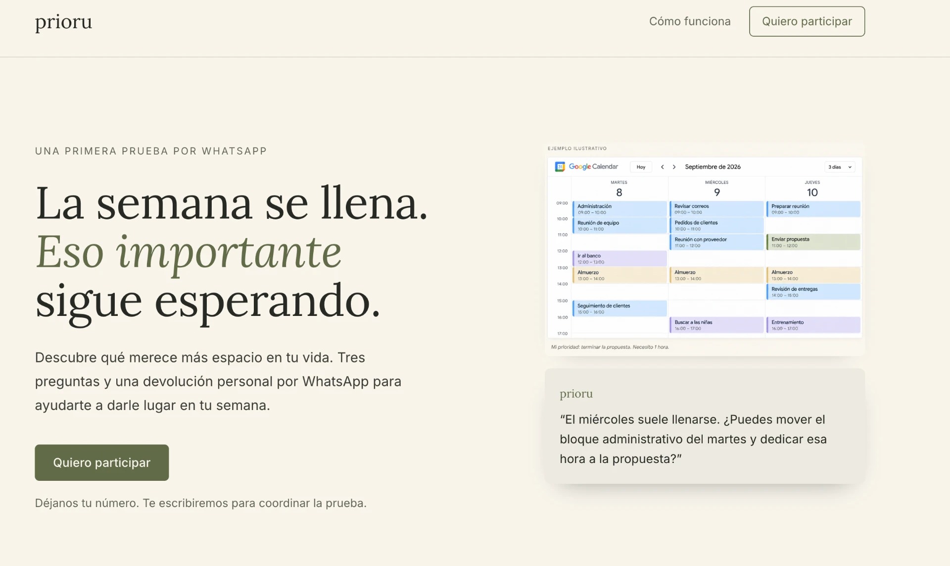 Landing page de Prioru: hero con titular sobre postergación y mockups de un calendario lleno con una prioridad destacada y un chat de acompañamiento por WhatsApp