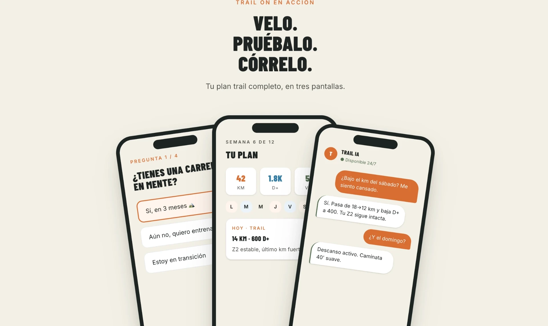 App Trail-On: onboarding conversacional, dashboard de entrenamiento semanal con desnivel acumulado y chat asistente con IA