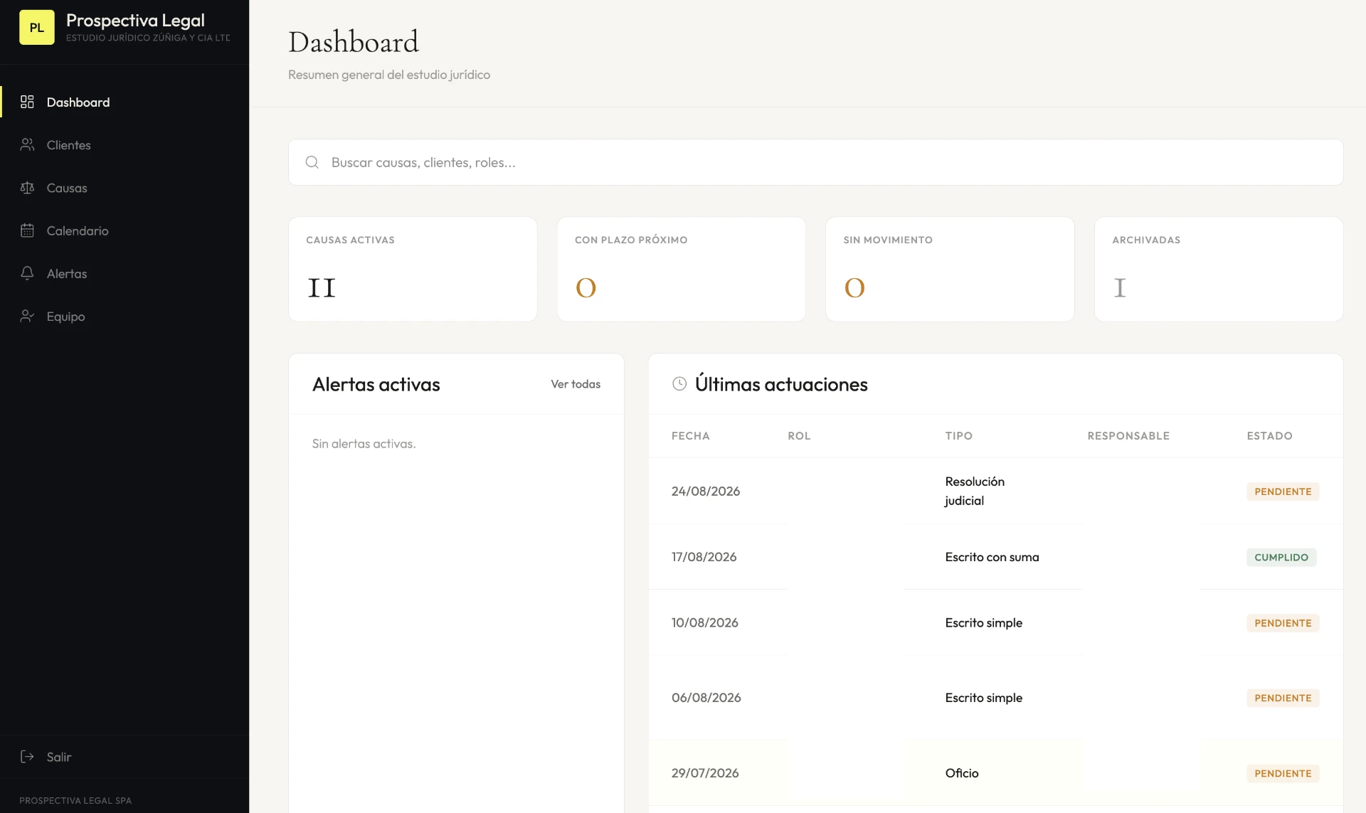 Dashboard de Prospectiva Legal: panel de gestión de casos con causas activas, alertas y tabla de últimas actuaciones